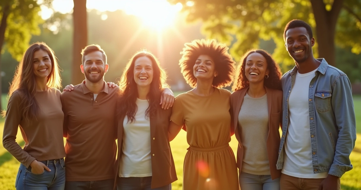 Grupo de pessoas sorrindo em um parque pela manhã 