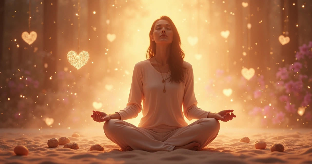 Mulher sentada em posição de meditação com olhos fechados, luz suave ao redor