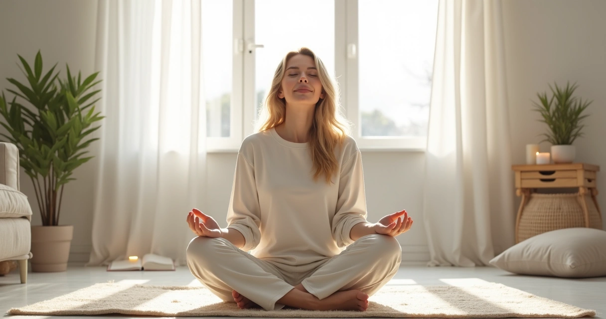 Pessoa sentada em posição de meditação com olhos fechados, expressão serena, em ambiente claro e calmo, com elementos suaves ao redor. 