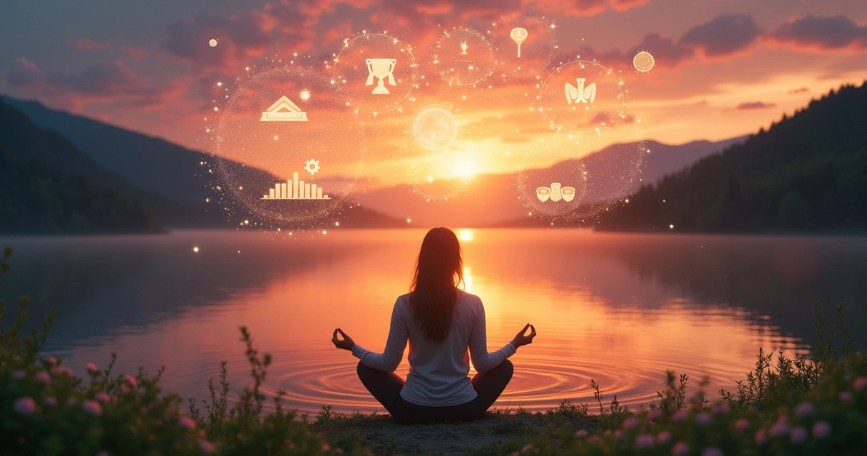 Pessoa meditando à beira de um lago sob um pôr do sol, cercada por imagens de sonhos e sucesso.