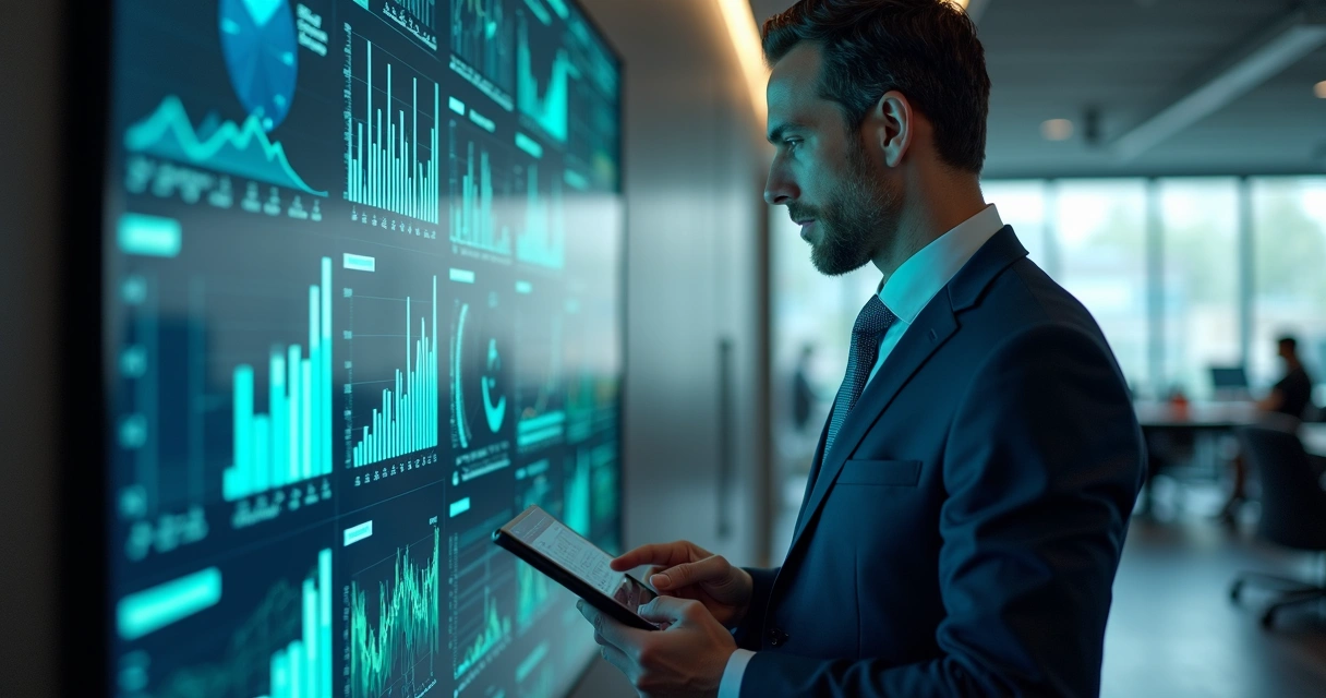 Executivo analisando painel visual de dados de negócios 