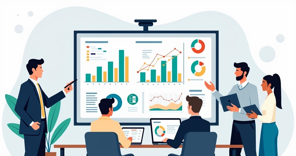 Líderes e RH analisando dashboard colorido de treinamento corporativo 