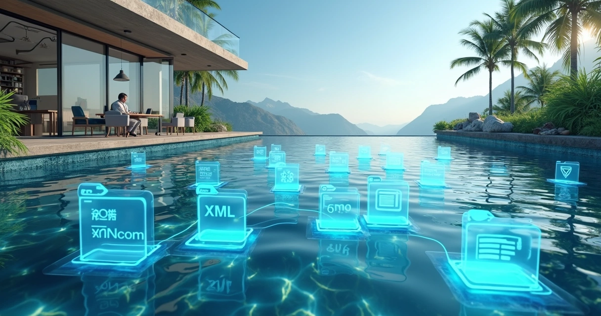 Visualização gráfica de um data lake fiscal integrando notas fiscais, SPEDs e documentos fiscais de diferentes fontes. 