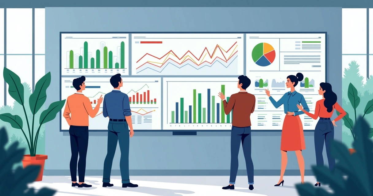 Equipe diversificada analisando dados em um escritório moderno, com painéis visuais mostrando gráficos interativos.