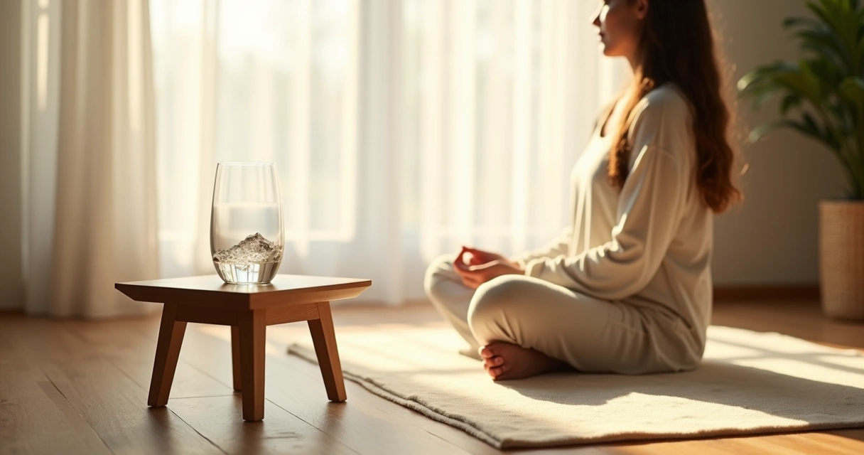 Pessoa meditando ao lado de um copo com cristal 
