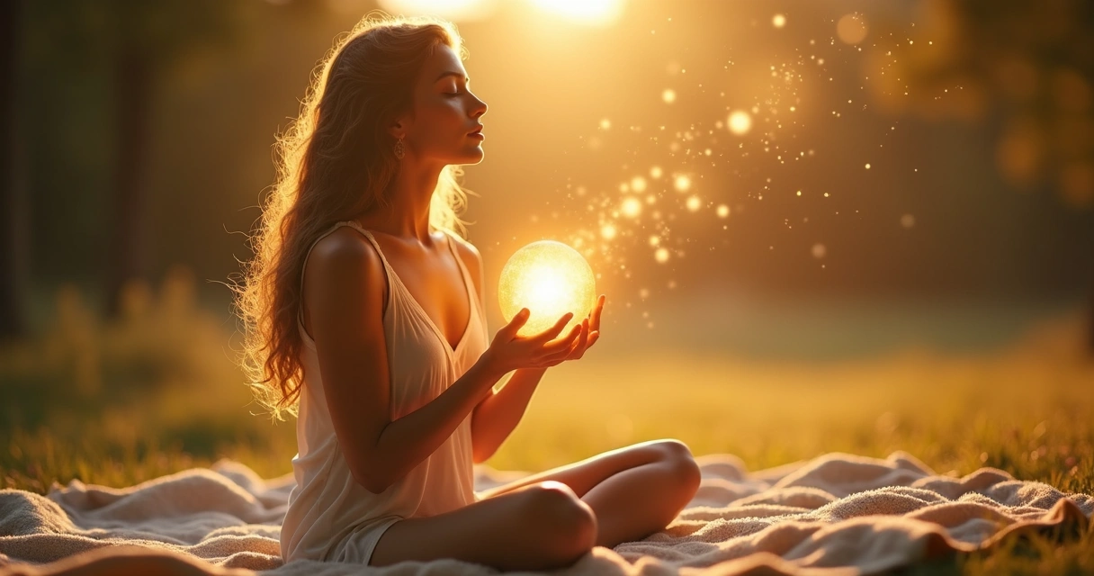 Mulher com olhos fechados imaginando uma luz dourada ao respirar. 