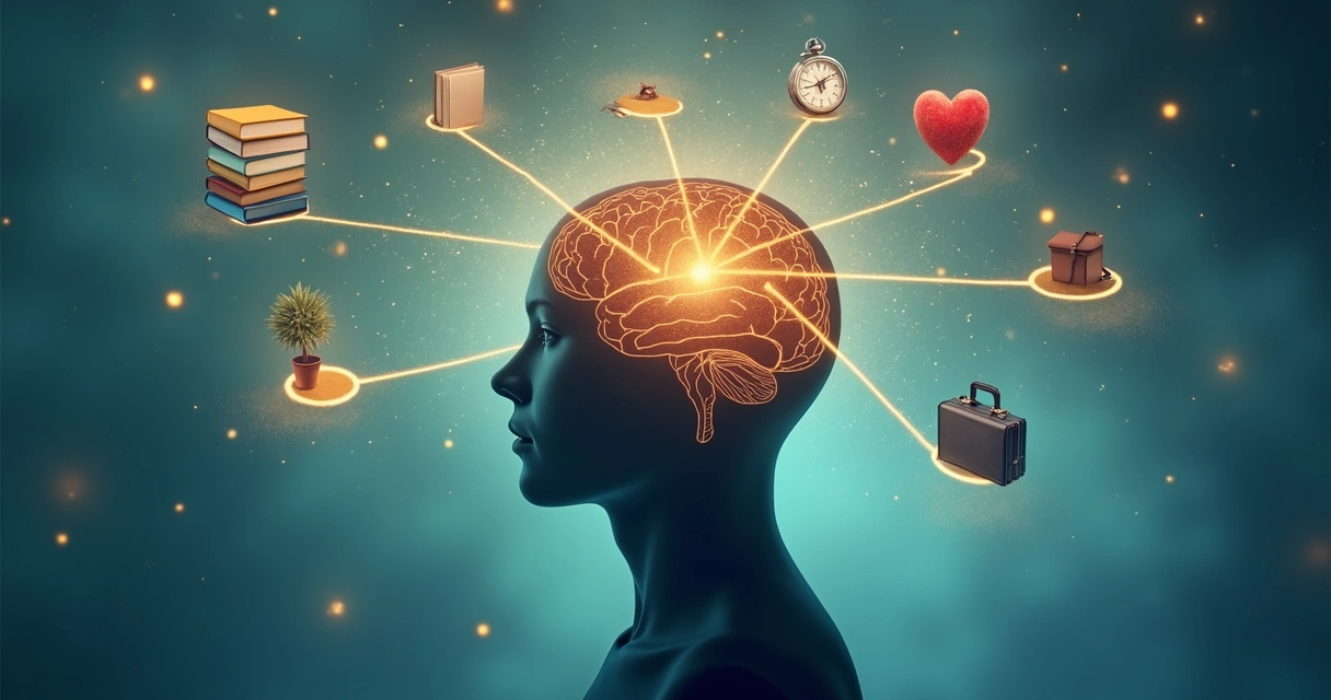 Mente humana com imagens de caminhos se abrindo à frente, representando escolhas e futuros diferentes.