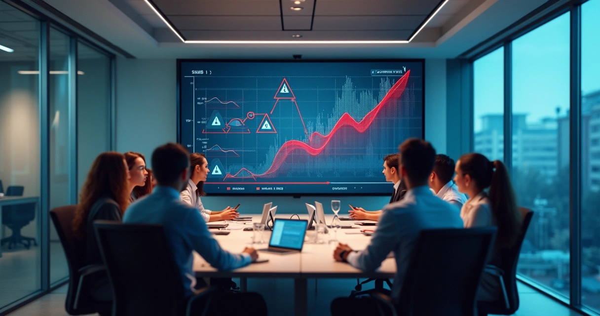 Equipe em sala de reunião assistindo gráfico de ataques digitais na parede 