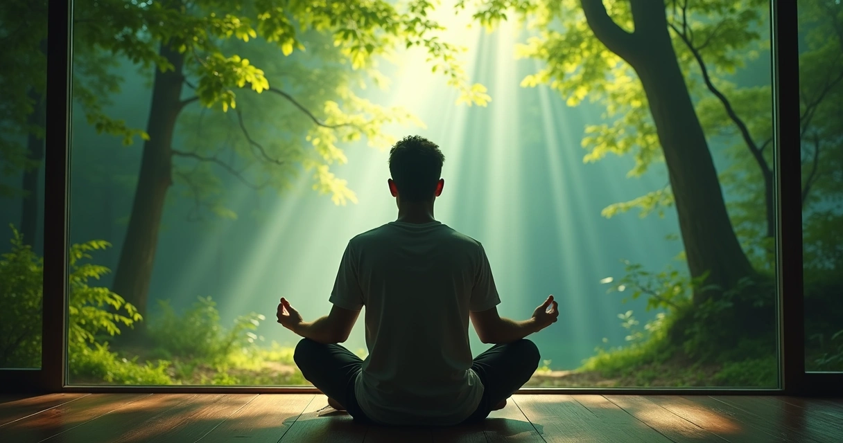 Pessoa sentada de olhos fechados imaginando uma floresta luminosa