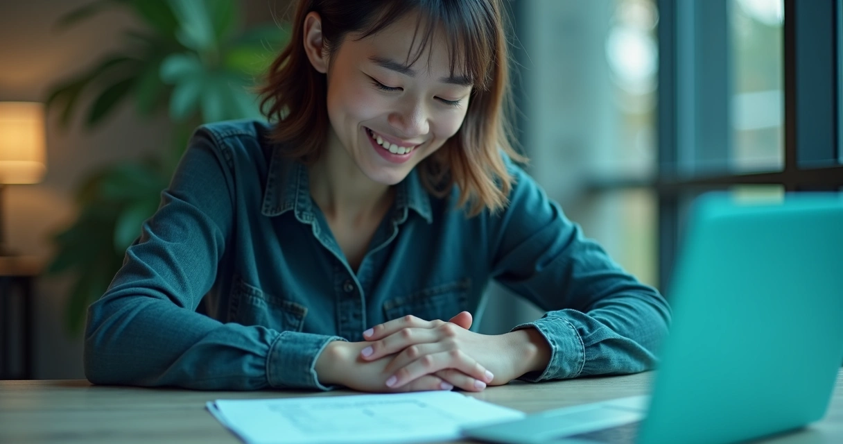 Pessoa sorrindo visualizando resultados positivos após concluir tarefa