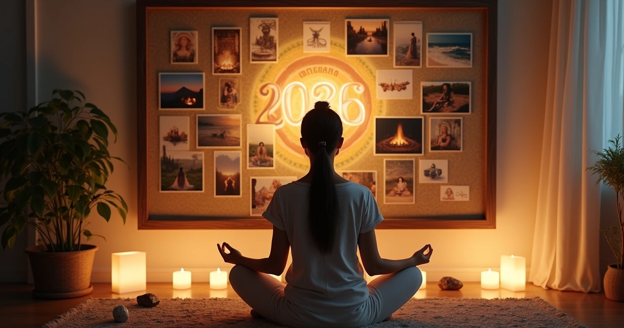 Pessoa visualizando quadro visionário em ambiente calmo com elementos espirituais 