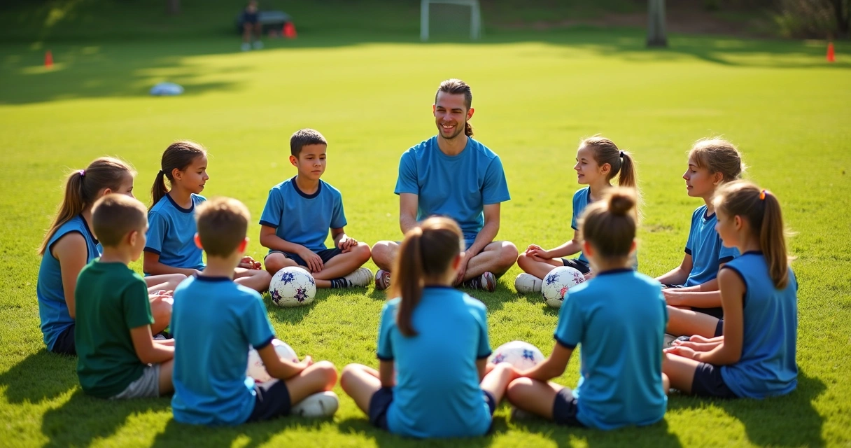 Jovens atletas de futebol sentados em círculo em campo, olhos fechados, praticando visualização guiada 