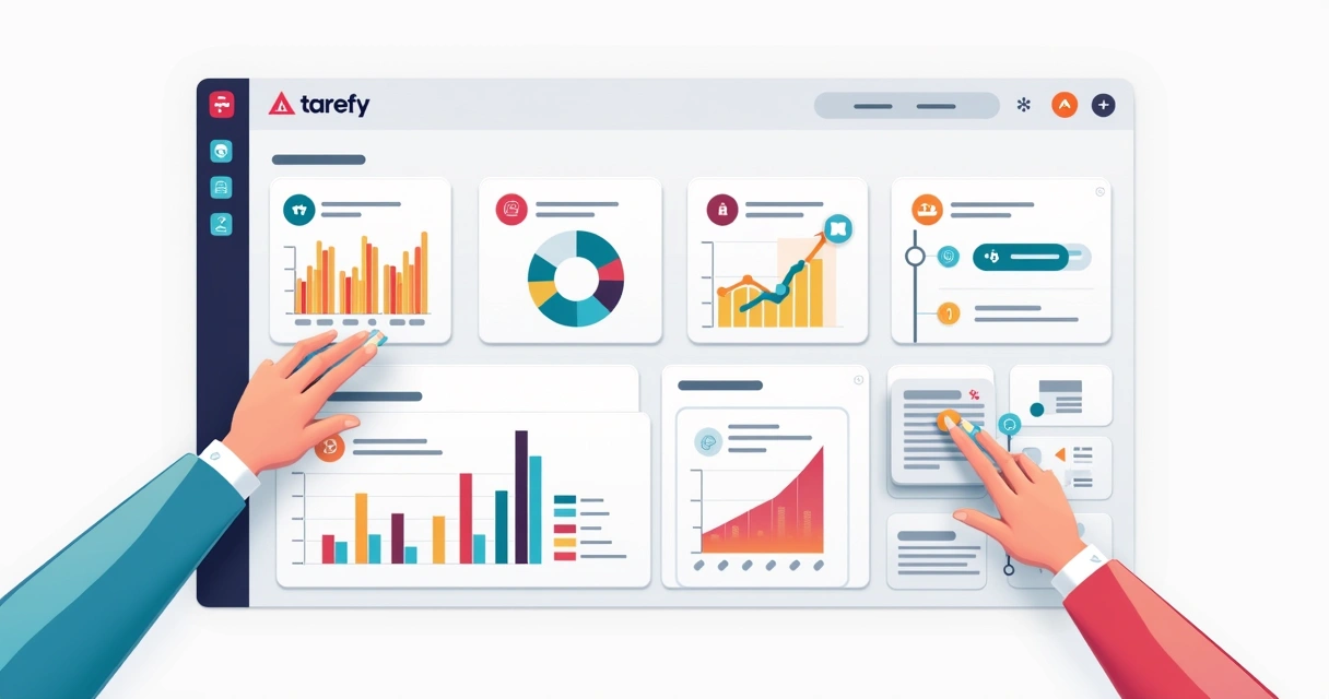 Visão Kanban do Tarefy com cartões e gráficos coloridos 