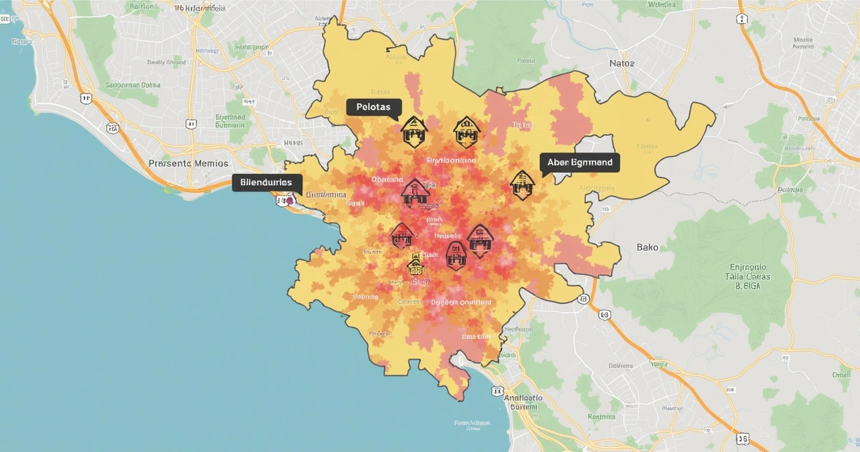 Mapa destaca bairros de Pelotas com valorização de imóveis em diferentes cores. 