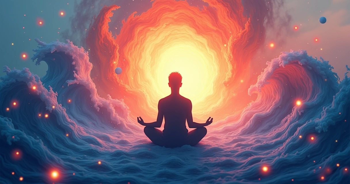 Representação visual de visualização criativa com cores e formas abstratas ao redor de uma pessoa 