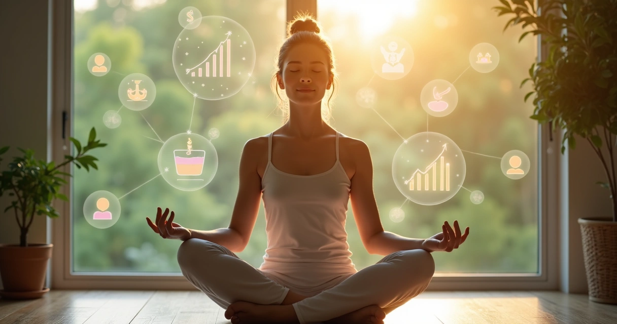 Pessoa em postura de meditação visualizando cenário positivo 