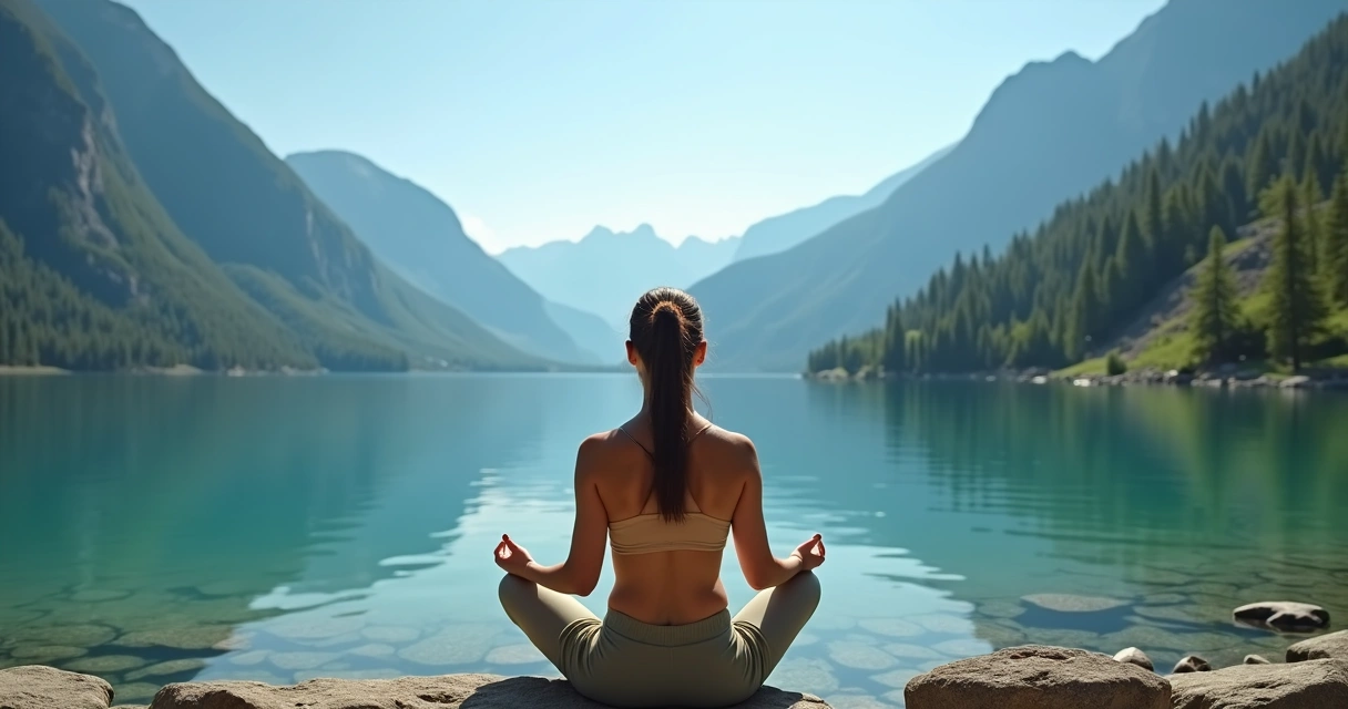 Pessoa visualizando lago tranquilo com montanhas ao fundo 