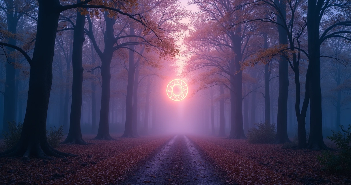 Floresta mística e colorida ao entardecer, luzes suaves e símbolo esotérico ao centro 