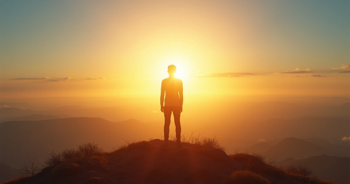 Pessoa olhando para o horizonte com raios de sol ao redor