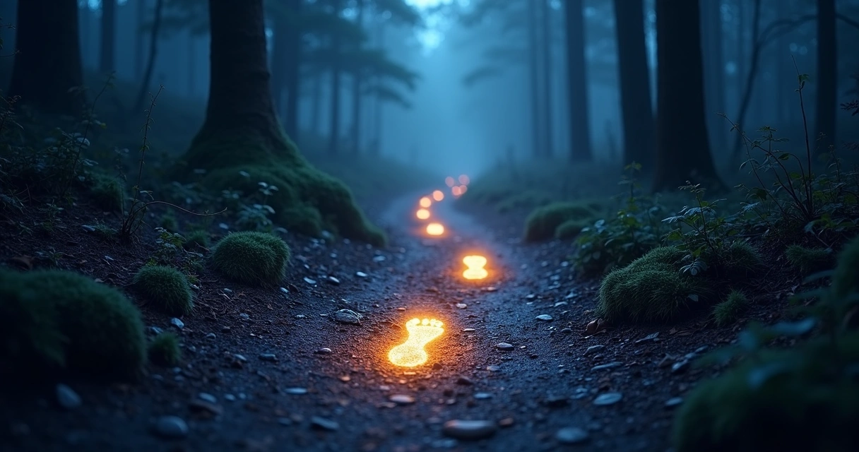 Ilustração de pegadas de luz em um caminho escuro