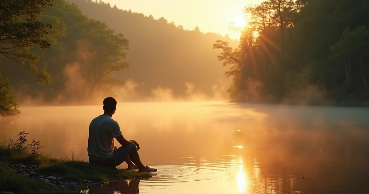 Pessoa sentada em meio à natureza, com expressão serena, visualizando um cenário seguro.