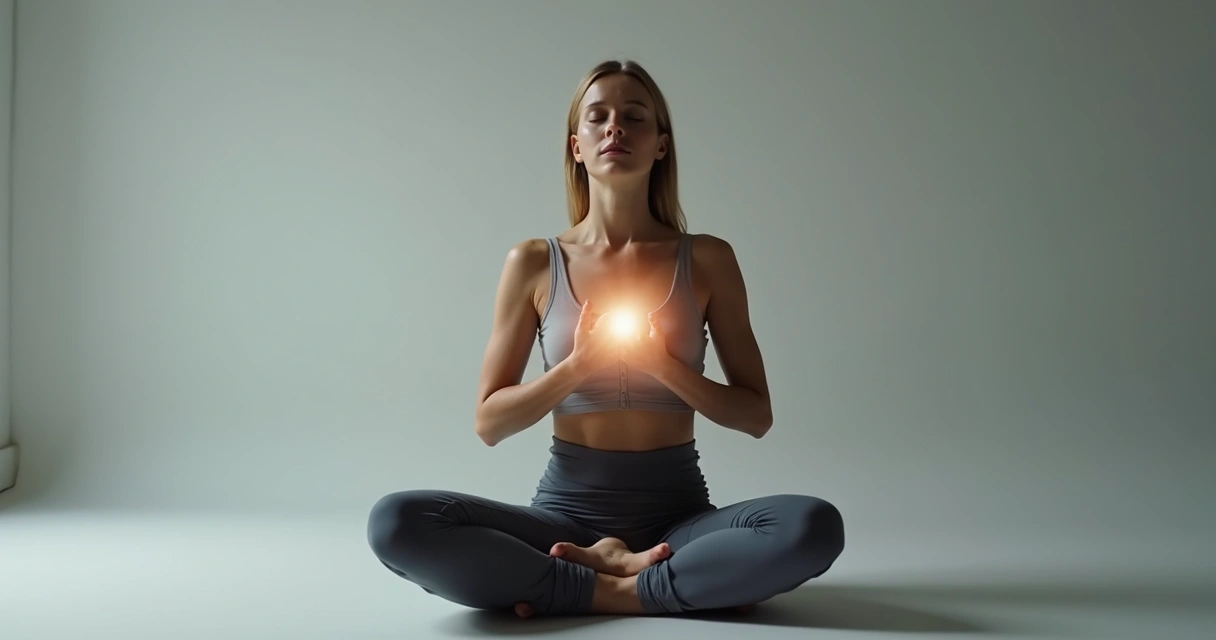 Persona sentada con los ojos cerrados, manos sobre el pecho, luz suave imaginaria en el centro del pecho 