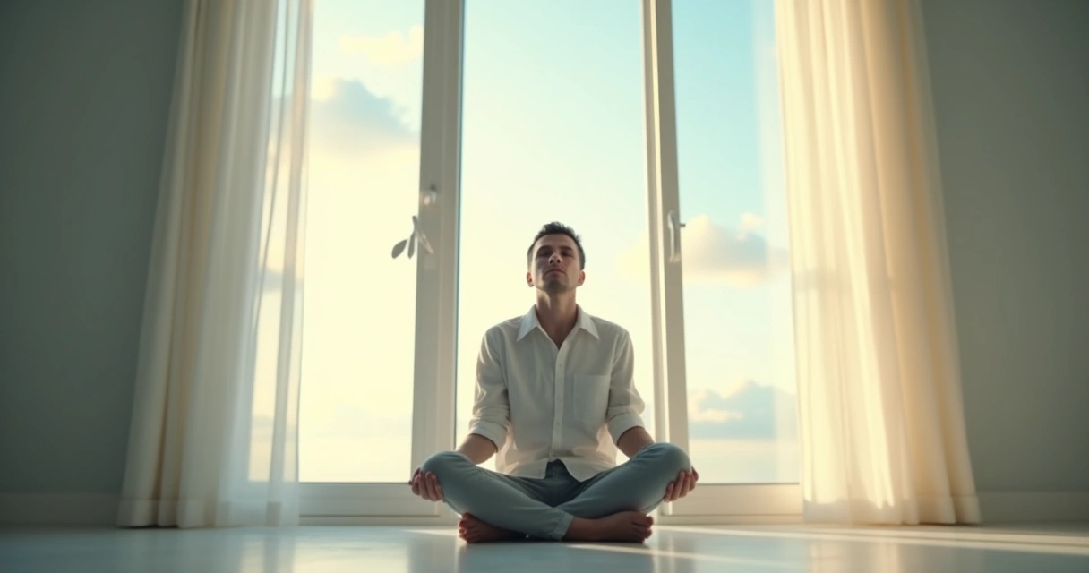 Persona sentada con los ojos cerrados imaginando una habitación luminosa y despejada 