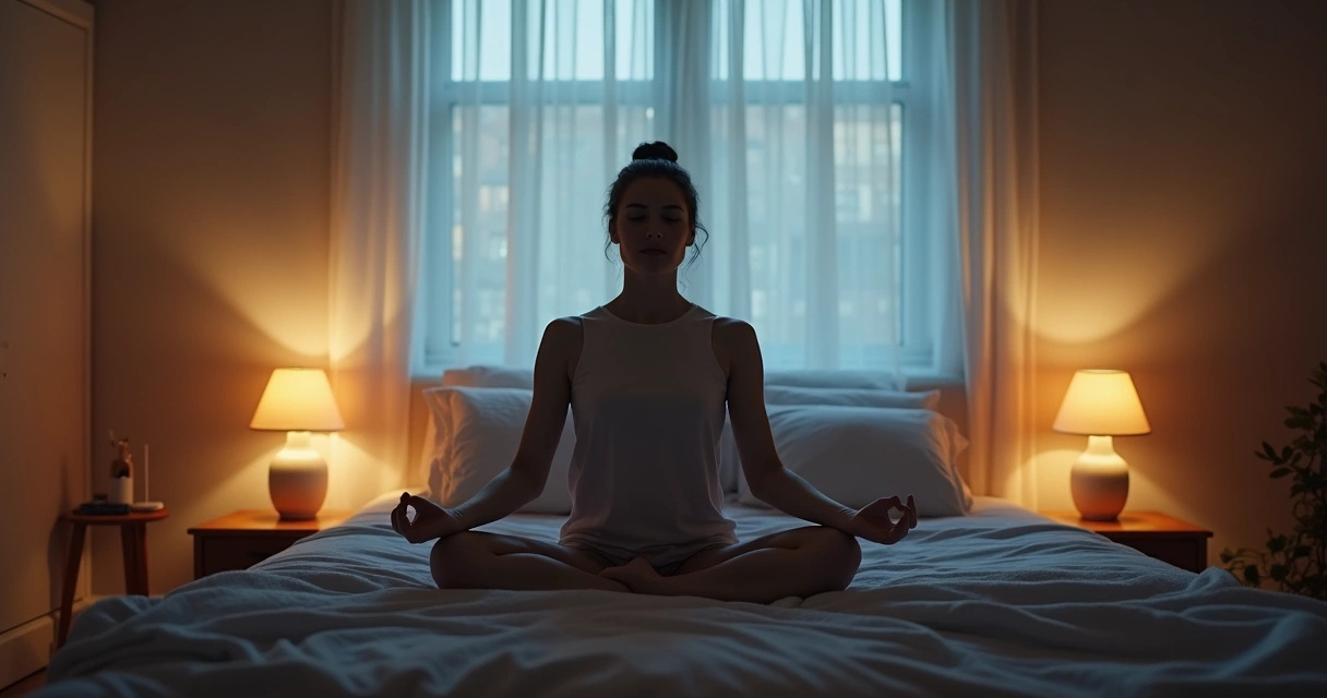 Persona sentada sobre la cama meditando en relajación antes de dormir, luz suave y ambiente tranquilo