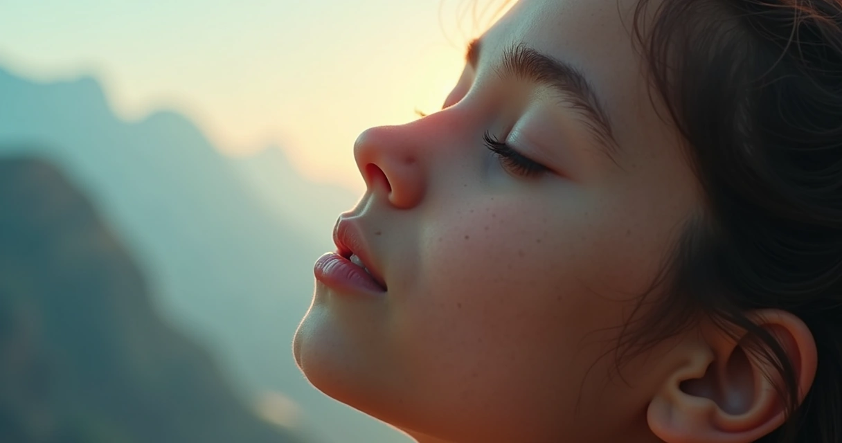 Joven con ojos cerrados visualizando un escenario positivo y luminoso en su mente 