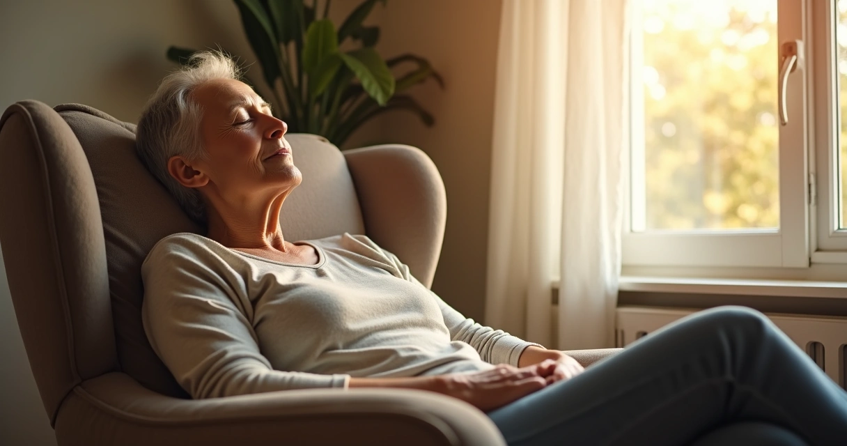 Person sitting calmly with eyes closed, sunlight streaming through window 