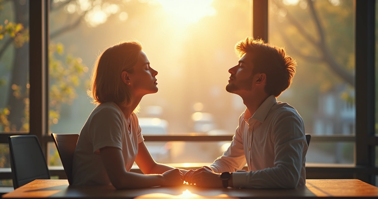 Person sitting calmly at a table, eyes closed, visualizing decision outcomes
