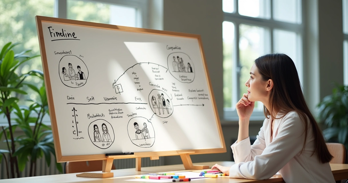 Woman visualizing her future self in a bright room with timeline drawings on a whiteboard 