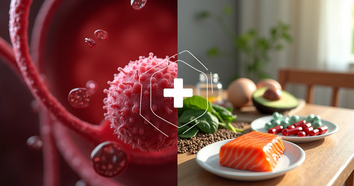 Células sanguíneas ampliadas ao lado de alimentos ricos em vitamina B12 e ácido fólico 