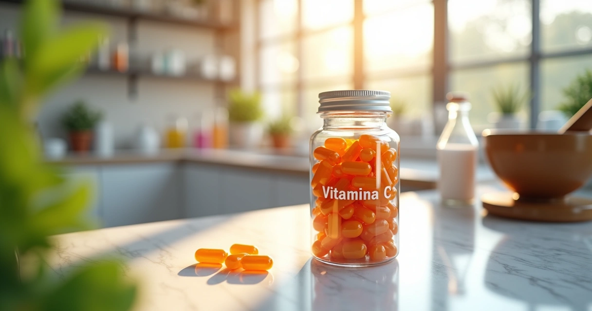 Pote de cápsulas de vitamina C em balcão de farmácia de manipulação
