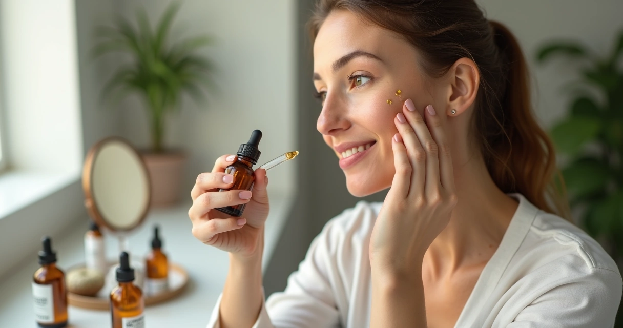 Mulher aplicando sérum de vitamina C manipulada no rosto perto da janela 