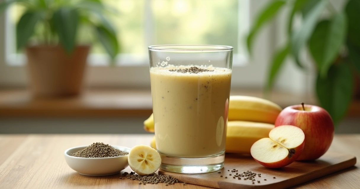 Vitamina cremosa com moringa e frutas em copo sobre mesa 