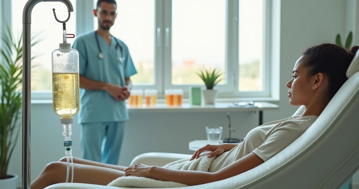 Paciente brasileiro sentado em poltrona recebendo vitamina intravenosa em clínica moderna 