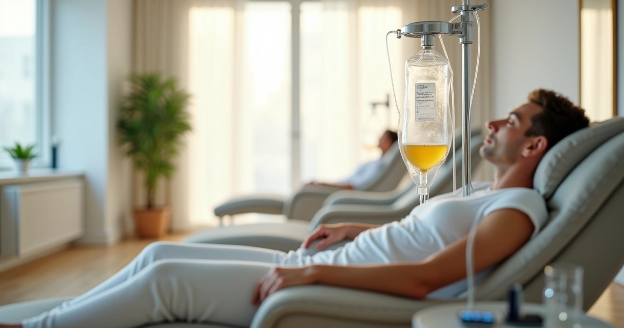 Paciente relaxado recebendo terapia intravenosa em clínica de bem-estar moderna 
