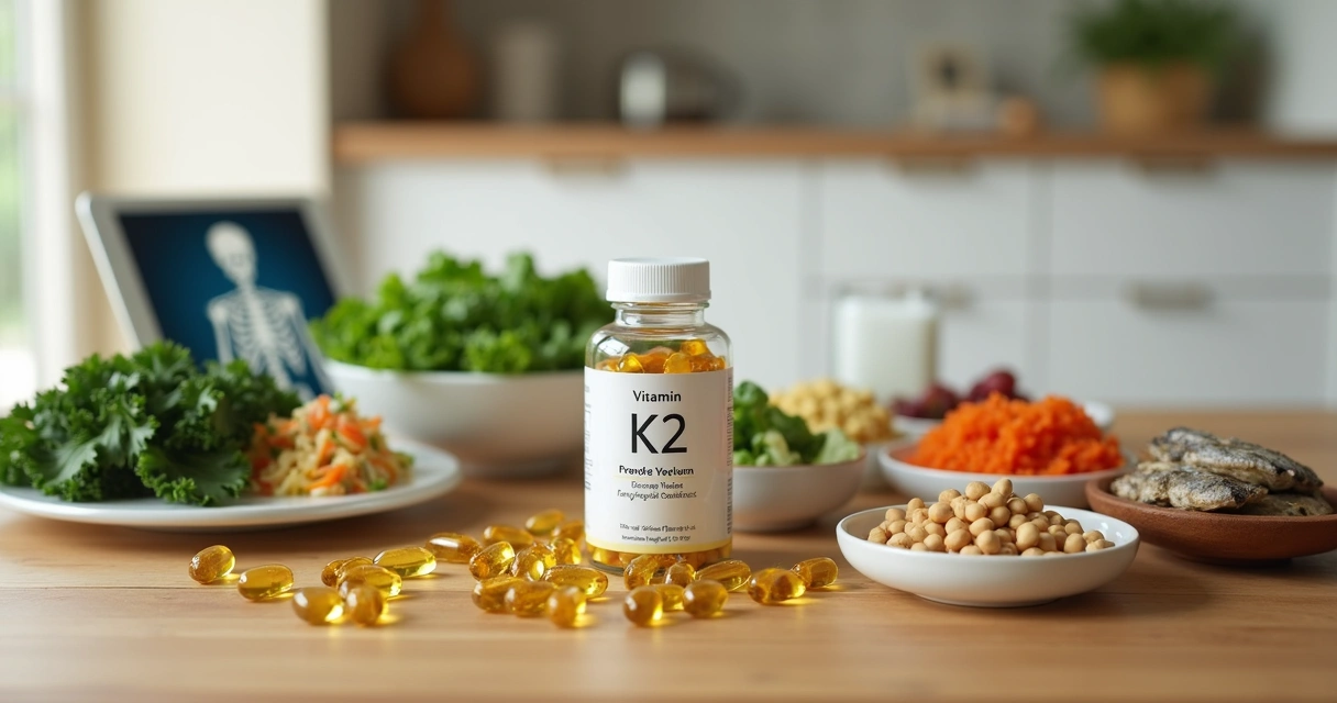 Tabela de madeira com alimentos ricos em vitamina K2 e cálcio, sem laticínios 