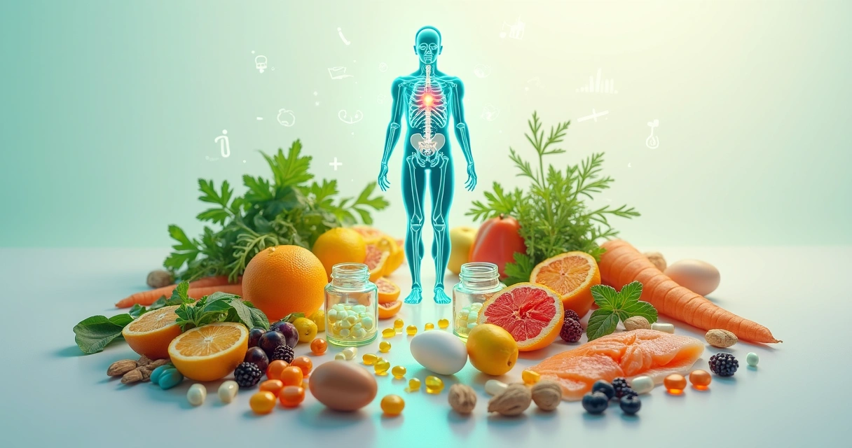 Composição com cápsulas de vitaminas, alimentos coloridos e silhueta de corpo humano saudável 