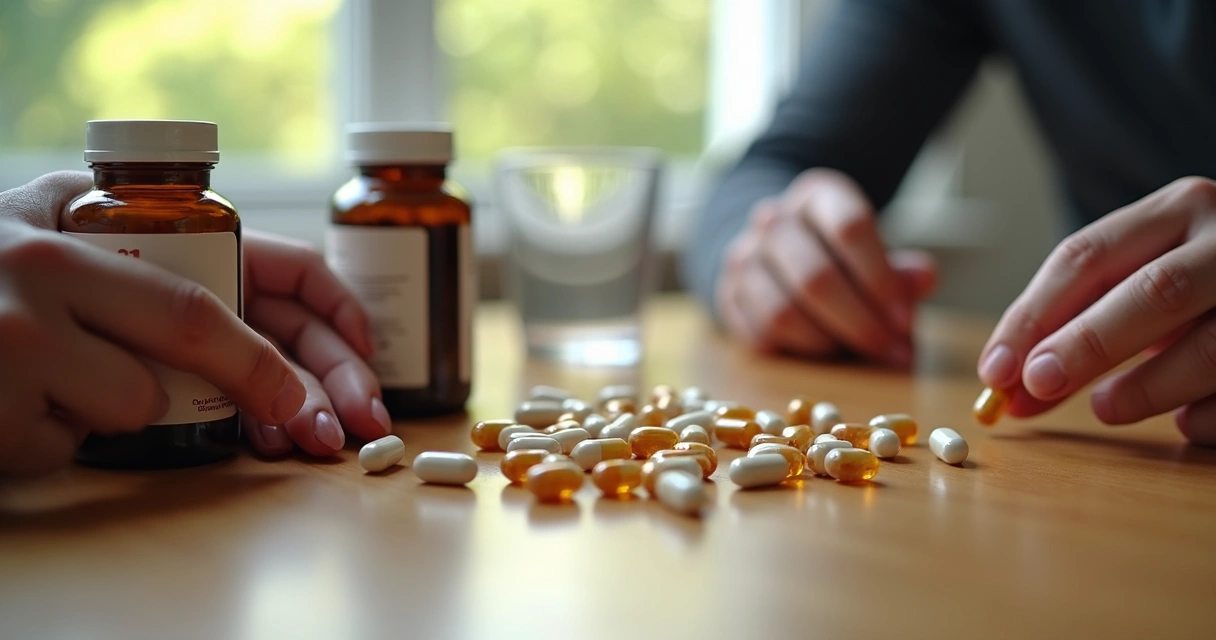 Capsulas de vitaminas e recipientes sobre mesa de madeira, mãos masculinas apoiadas 
