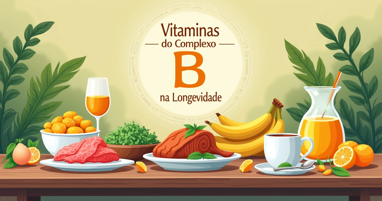 Ilustração de alimentos ricos em vitaminas do complexo B sobre uma mesa rústica, com descrições das vitaminas.