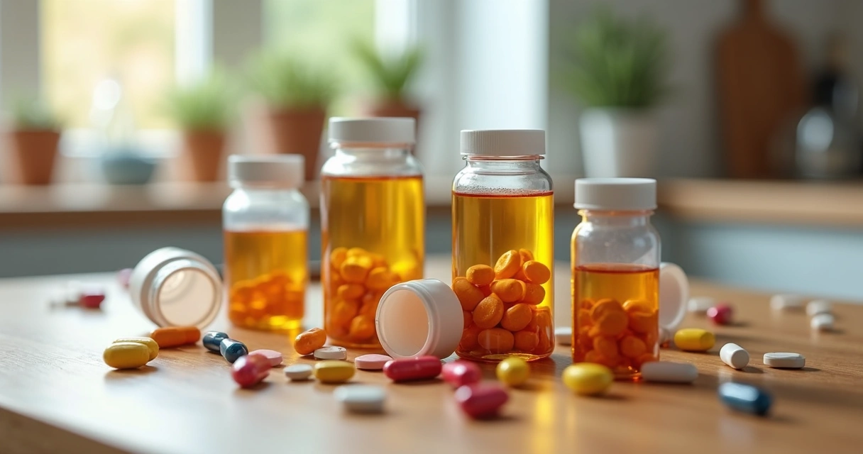 Frascos de vitaminas e suplementos sobre mesa de madeira 