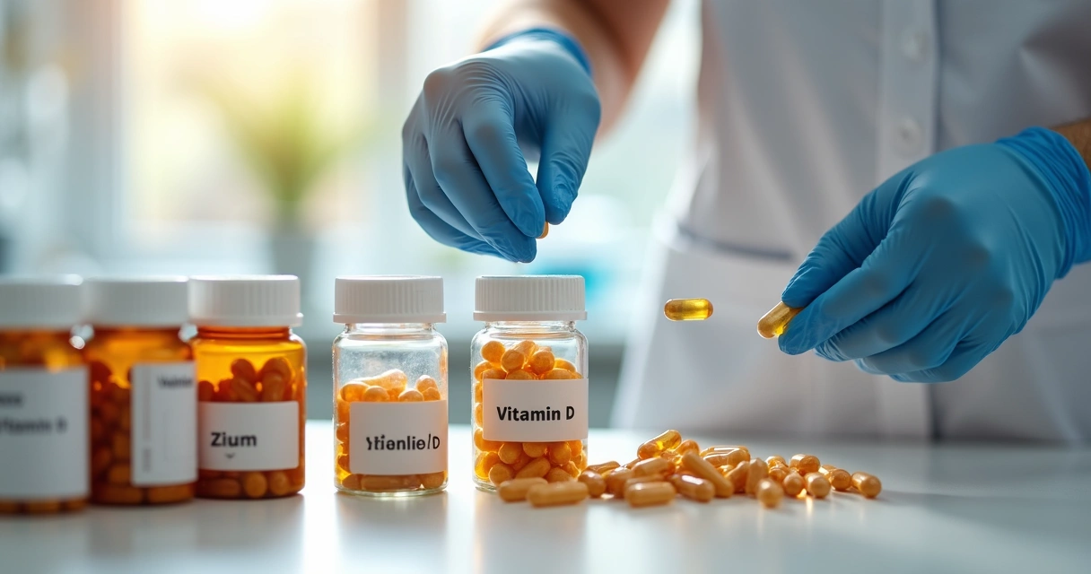 Potes de vitaminas em uma farmácia de manipulação 