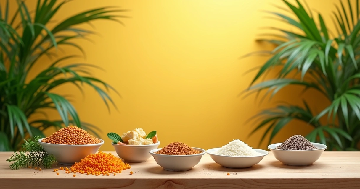 Composição de alimentos veganos ricos em vitaminas e minerais, incluindo lentilhas, espinafre e tofu.
