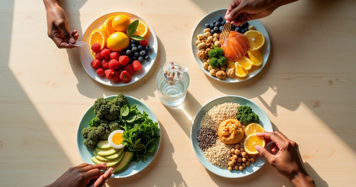 Pratos divididos com alimentos ricos em vitaminas e minerais vistos de cima 