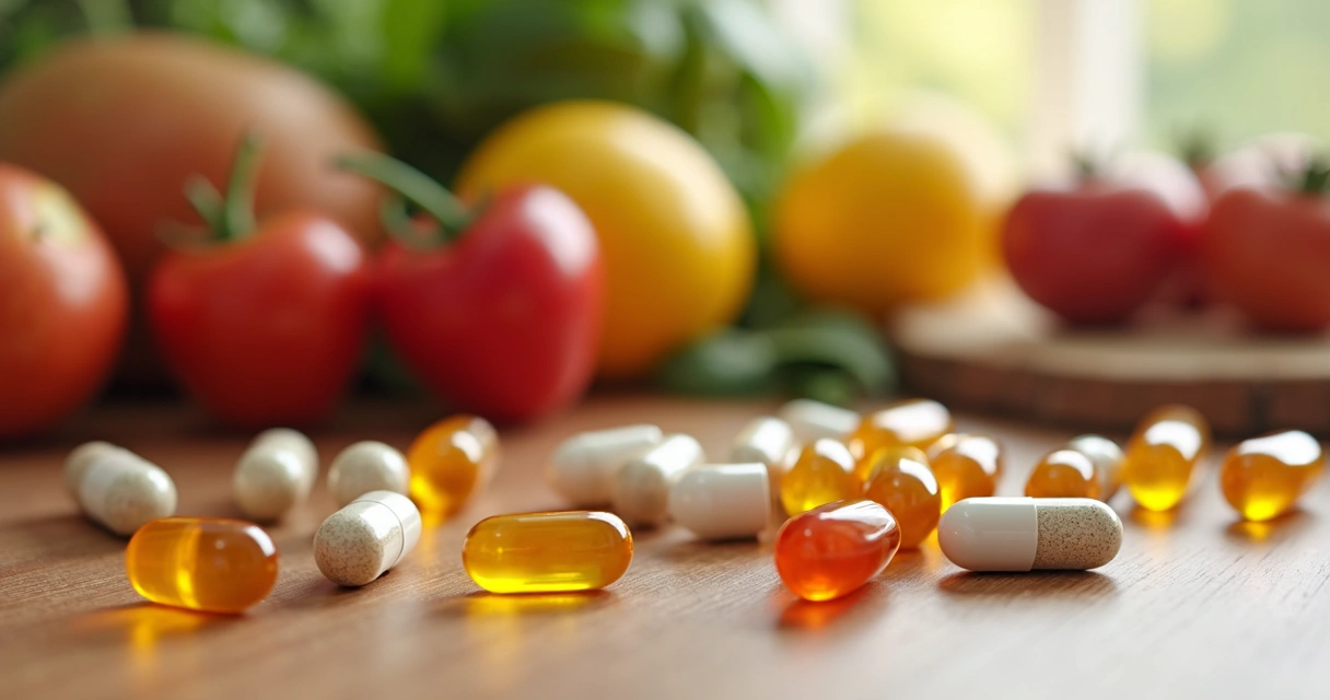 Suplementos de vitaminas alinhados em bancada de madeira 