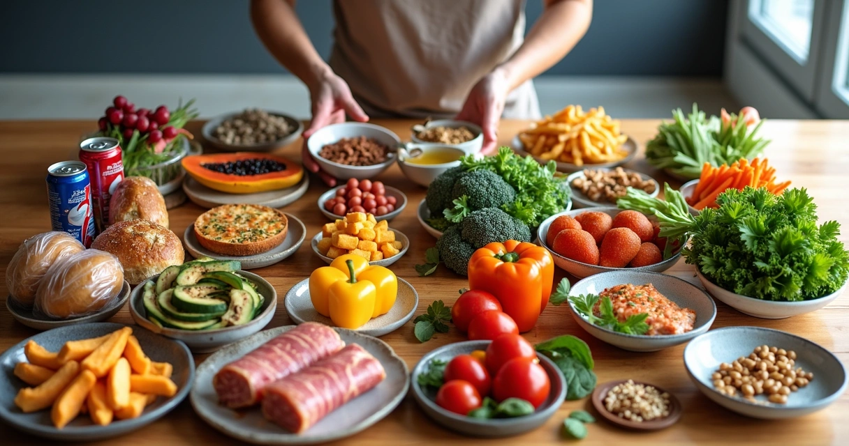 Pessoa com vitiligo escolhendo alimentos saudáveis em mesa com frutas e legumes 