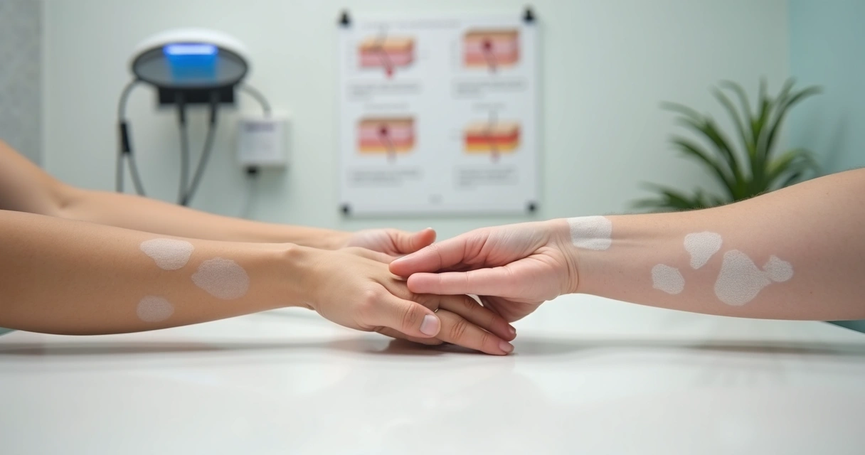 Braços com vitiligo comparando fase estável e ativa lado a lado 