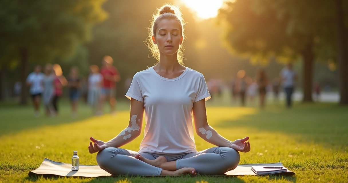 Pessoa com vitiligo meditando em parque demonstrando controle do estresse 